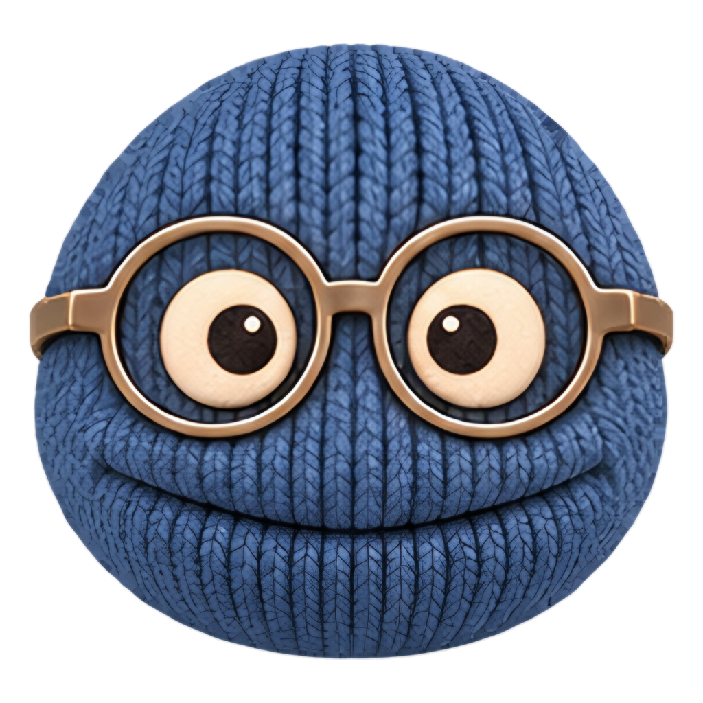 Pensy, a knitted denim-blue face with round glasses, on transparent