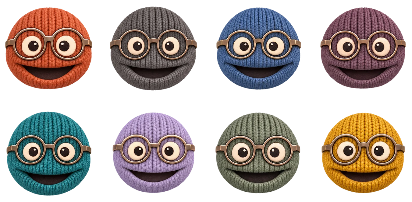Pensy in each of its eight colors, smiling, glasses on